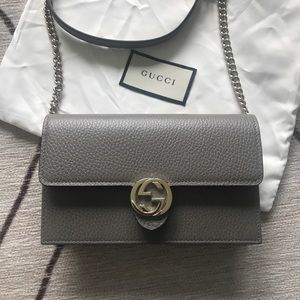 Gucci GG Closure Gray Chain Wallet Crossbody Bag